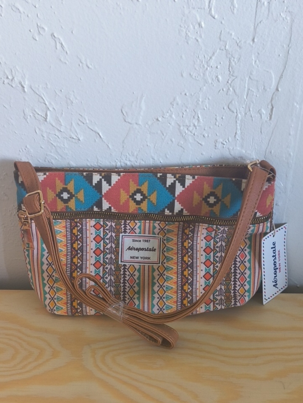 Aeropostale Aztec-Pattern Multicolor Crossbody with Tan Trim